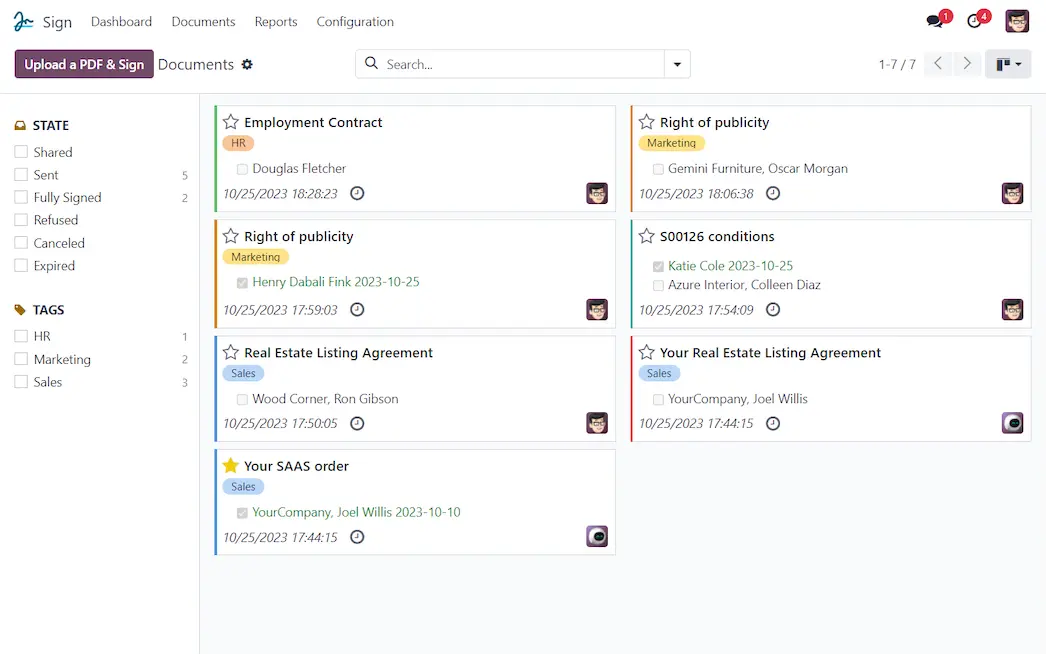 Odoo Sign dashboard showing document statuses like sent, signed, refused, and expired