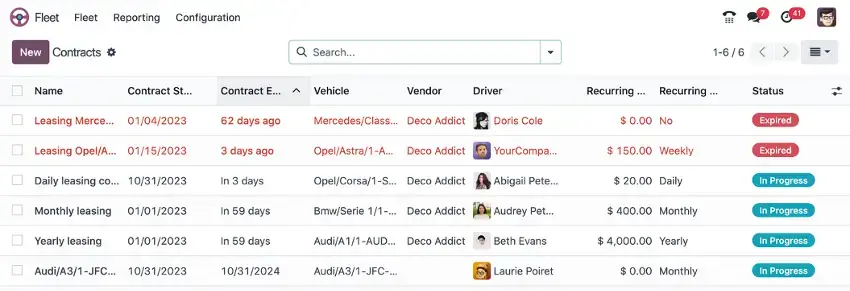Odoo Fleet contracts dashboard showing vehicle leasing status, drivers, costs, and contract expiry