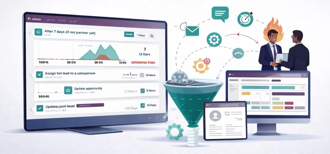 Odoo marketing automation workflow illustrating automated customer journeys, lead funneling, and multi-channel process automation beyond email campaigns